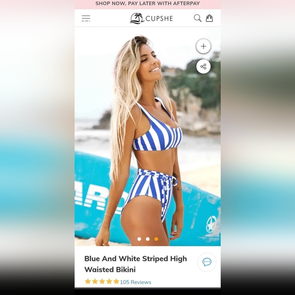 NEW with tags Cupshe Blue And White Striped High Waisted Bikini Size Large - Picture 3 of 7